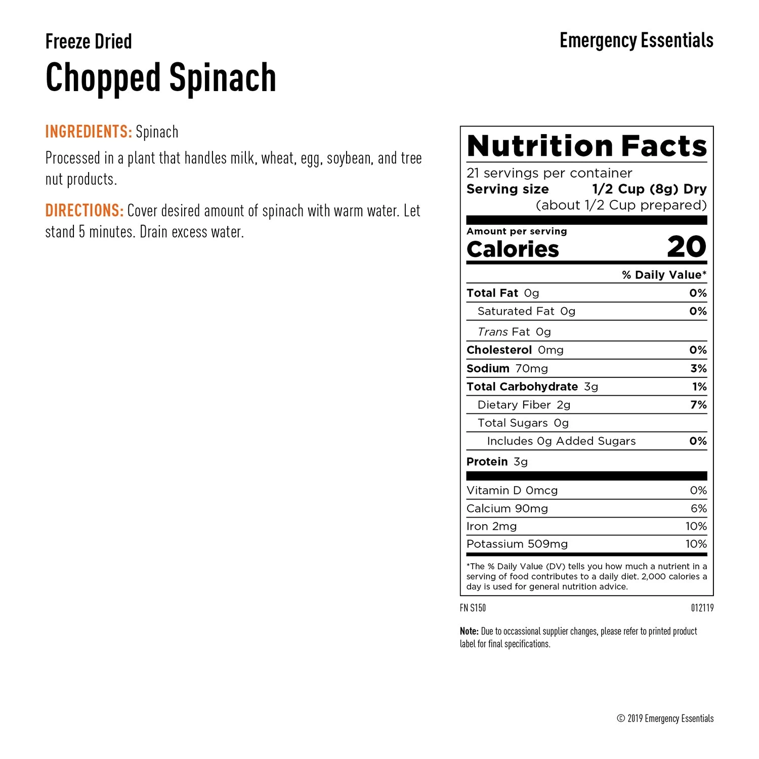Emergency Essentials Freeze-Dried Chopped Spinach Large Can 3 Emergency Essentials Freeze-Dried Chopped Spinach Large Can - Image 3