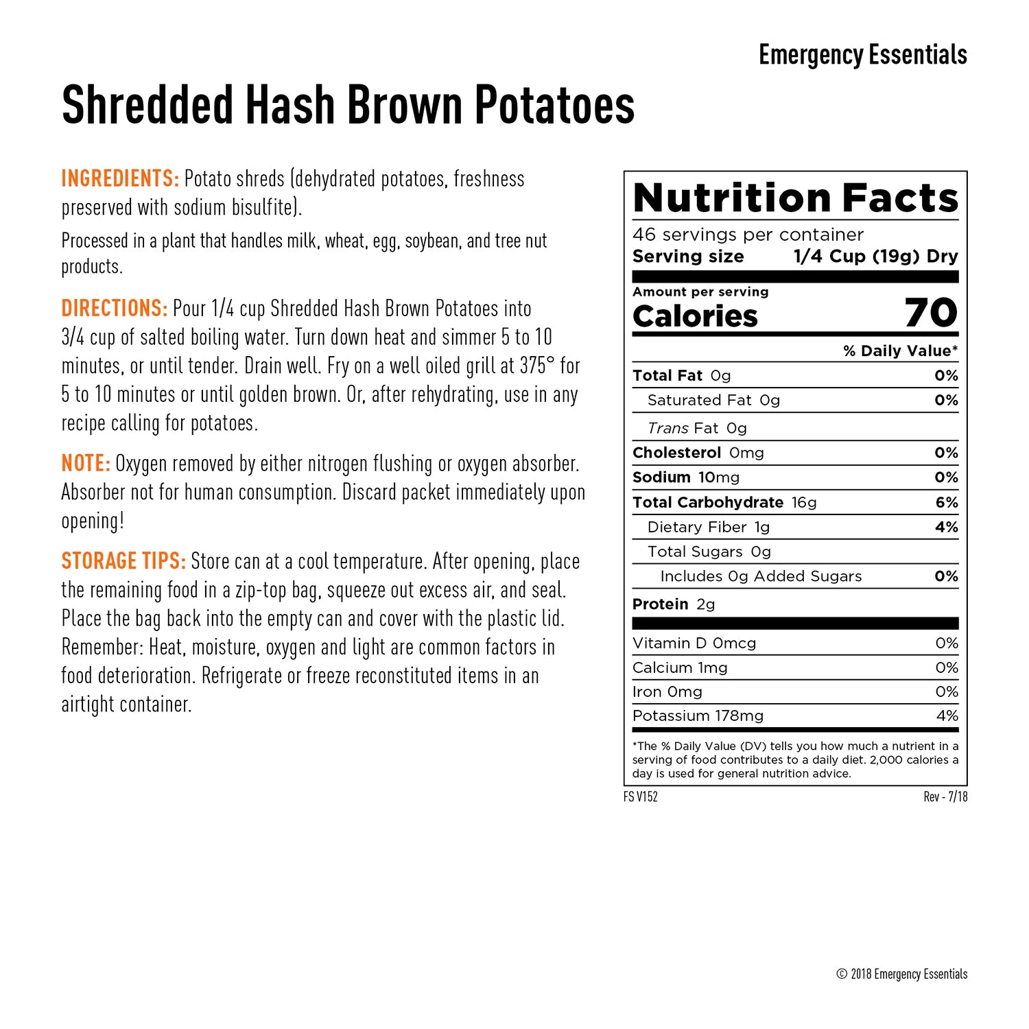 Emergency Essentials Hash Brown Potatoes #10 Can - 879g 2 Emergency Essentials Hash Brown Potatoes #10 Can - 879g - Image 2