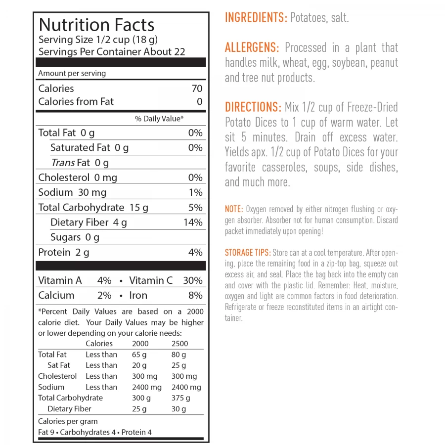 Emergency Essentials Freeze Dried Potato Dices - Large Can 2 Emergency Essentials Freeze Dried Potato Dices - Large Can - Image 2