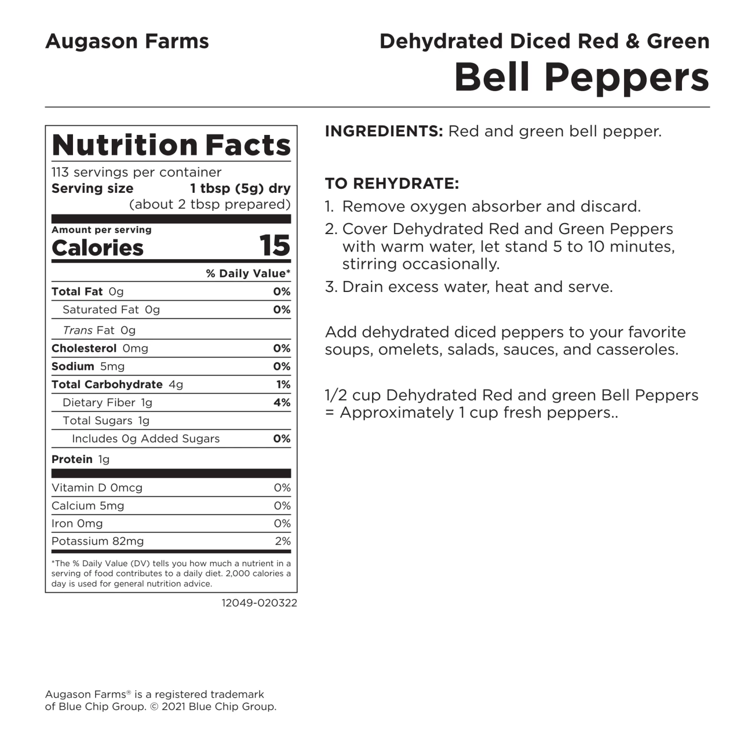 Augason Farms Dehydrated Diced Red & Green Bell Peppers #10 Can 8 Augason Farms Dehydrated Diced Red & Green Bell Peppers #10 Can - Image 8